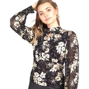 Story On gorgeous gilded gold floral cut out high neck lantern sleeve top #89A